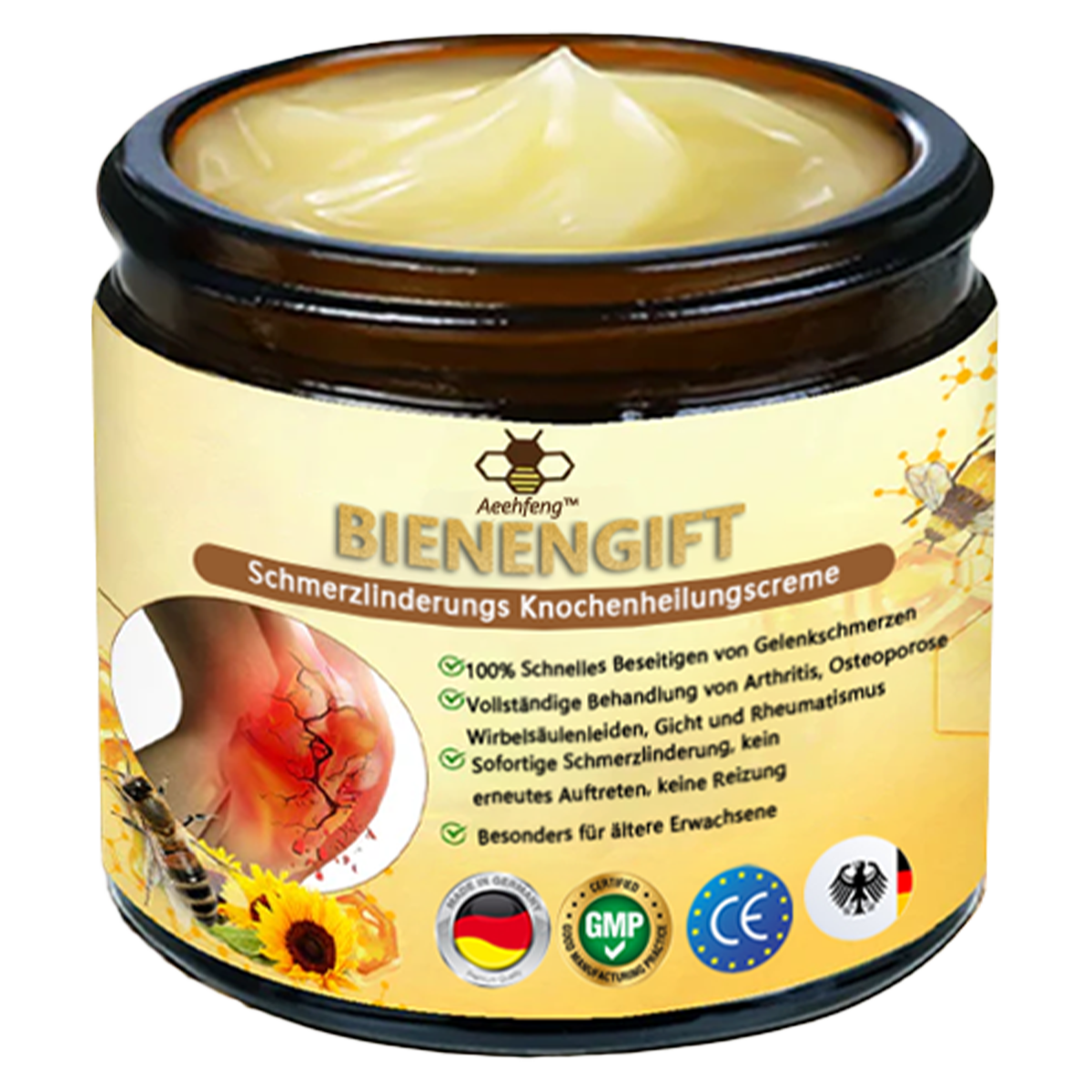 Aeehfeng™ 🎁Bienengift-Schmerzlinderungs Knochenheilungs Creme 👨‍⚕️Deutsch (BfArM) genehmigt(Reduzierung von Gelenkschwellungen, Schmerzen, Steifheit, Rötungen, Wärme, Muskelkater und Gelenkmüdigkeit)