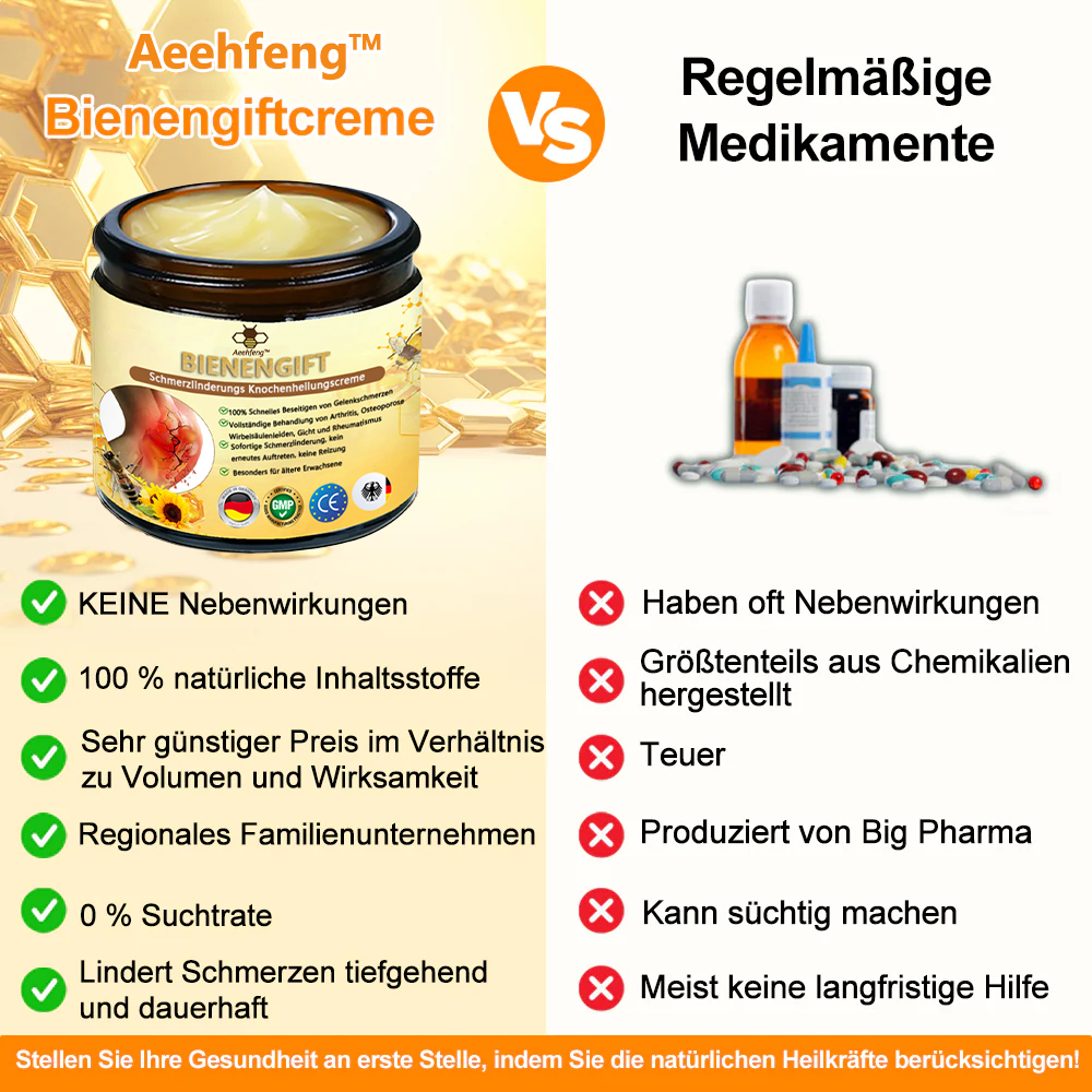 Aeehfeng™ 🎁Bienengift-Schmerzlinderungs Knochenheilungs Creme 👨‍⚕️Deutsch (BfArM) genehmigt(Reduzierung von Gelenkschwellungen, Schmerzen, Steifheit, Rötungen, Wärme, Muskelkater und Gelenkmüdigkeit)