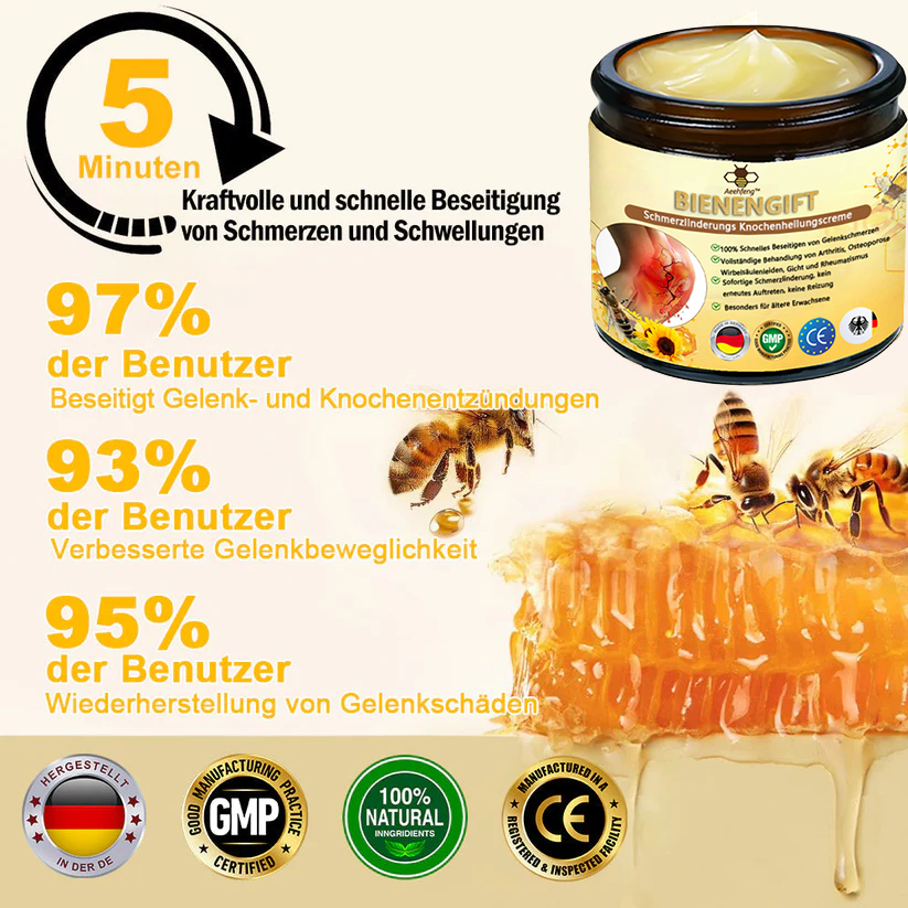 Aeehfeng™ 🎁Bienengift-Schmerzlinderungs Knochenheilungs Creme 👨‍⚕️Deutsch (BfArM) genehmigt(Reduzierung von Gelenkschwellungen, Schmerzen, Steifheit, Rötungen, Wärme, Muskelkater und Gelenkmüdigkeit)