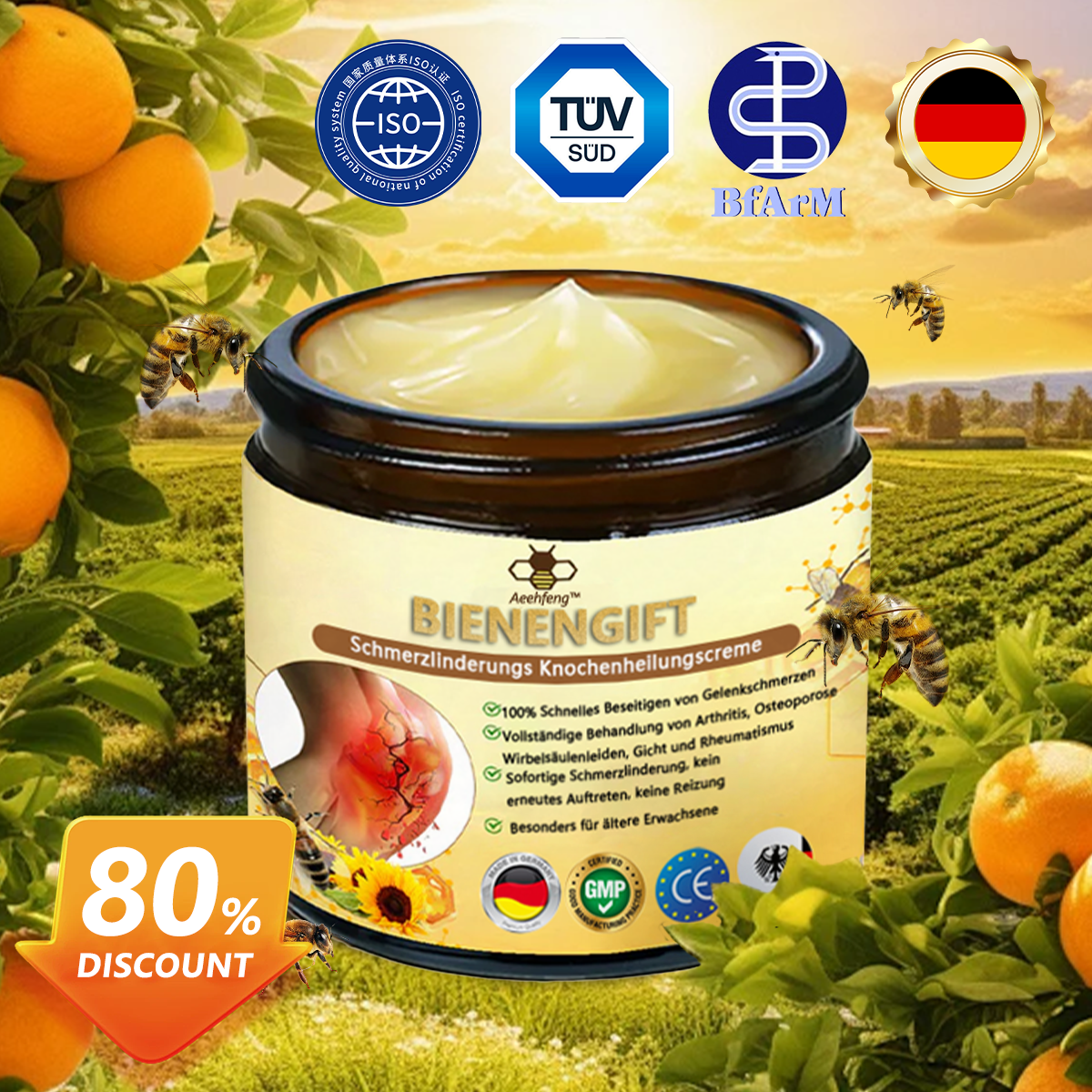 Aeehfeng™ 🎁Bienengift-Schmerzlinderungs Knochenheilungs Creme 👨‍⚕️Deutsch (BfArM) genehmigt(Reduzierung von Gelenkschwellungen, Schmerzen, Steifheit, Rötungen, Wärme, Muskelkater und Gelenkmüdigkeit)