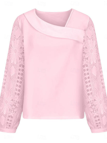Elegante weiße Spitzenbluse für Damen mit Lochstickerei, lässige einfarbige Bluse mit langen Ärmeln, asymmetrischer Spitzen-Patchwork-Verzierung, normale Passform, für den Alltag, in Schwarz, Weiß und Rosa, romantische Petite-Bluse, Sommer-Urlaubsmode