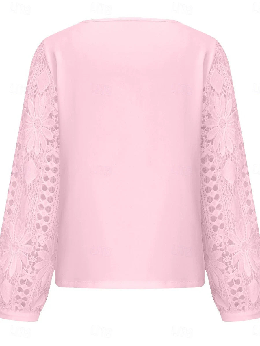Elegante weiße Spitzenbluse für Damen mit Lochstickerei, lässige einfarbige Bluse mit langen Ärmeln, asymmetrischer Spitzen-Patchwork-Verzierung, normale Passform, für den Alltag, in Schwarz, Weiß und Rosa, romantische Petite-Bluse, Sommer-Urlaubsmode