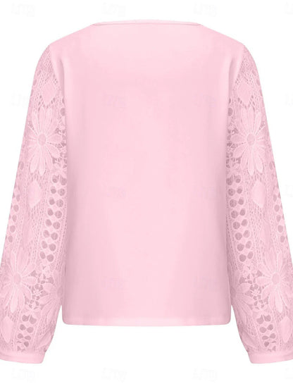Elegante weiße Spitzenbluse für Damen mit Lochstickerei, lässige einfarbige Bluse mit langen Ärmeln, asymmetrischer Spitzen-Patchwork-Verzierung, normale Passform, für den Alltag, in Schwarz, Weiß und Rosa, romantische Petite-Bluse, Sommer-Urlaubsmode